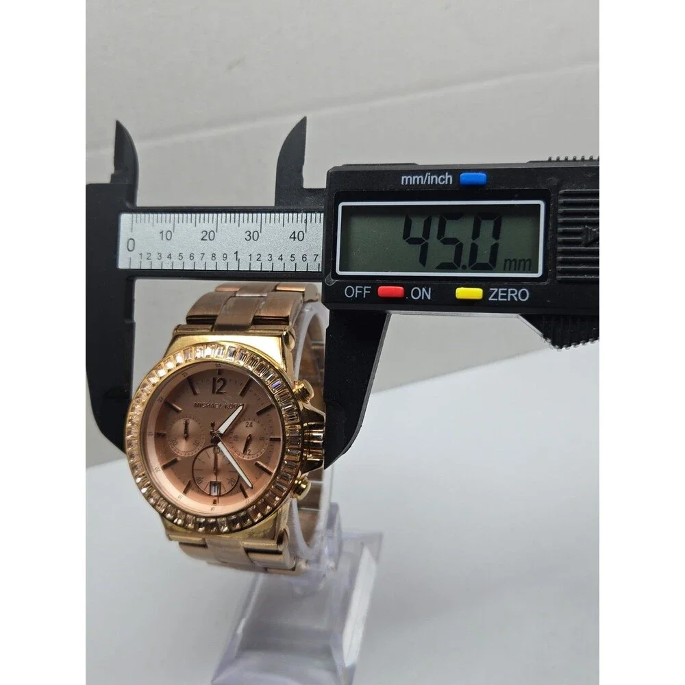 Michael Kors Dylan Womens Rose Gold Baguette Bezel Chronograph Watch New Battery